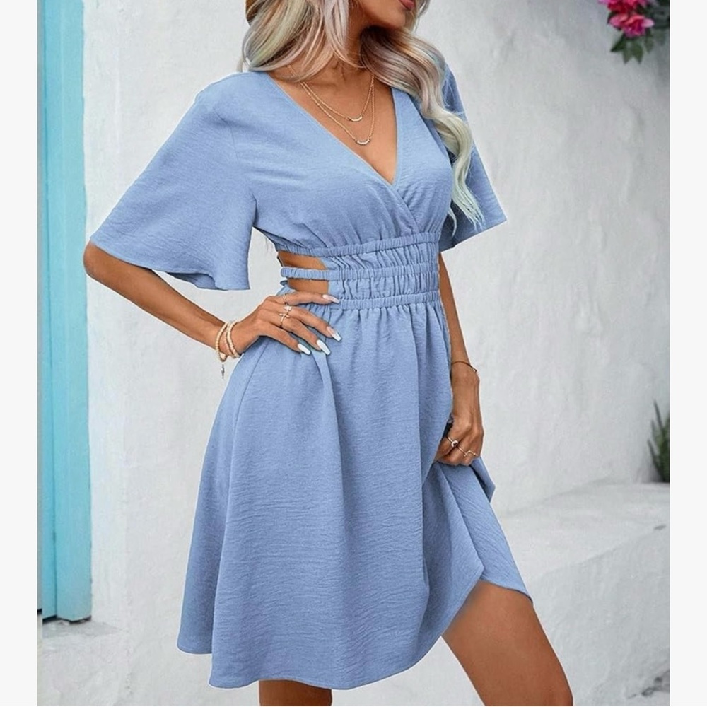 NEW - Stone Blue Flutter Sleeve Cutout Mini Dress Size XL